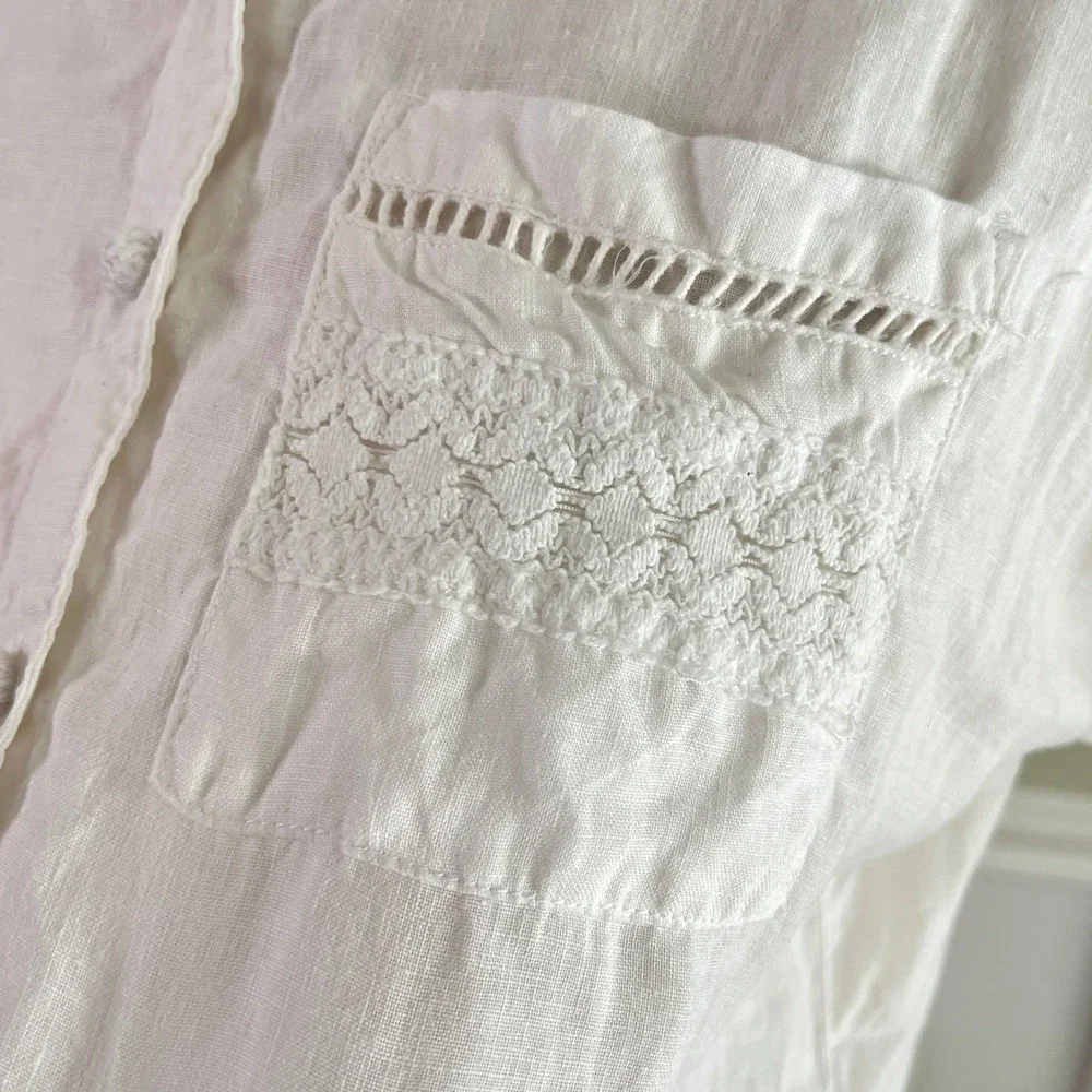 Joie Linen Button Down Shirt S Womens Lace Pocket Short Sleeve White Coastal - Picture 3 of 10
